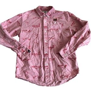 Under Two Flags Button Down Shirt XL Pink Red Fish‎ Car Print Long Sleeve Casual